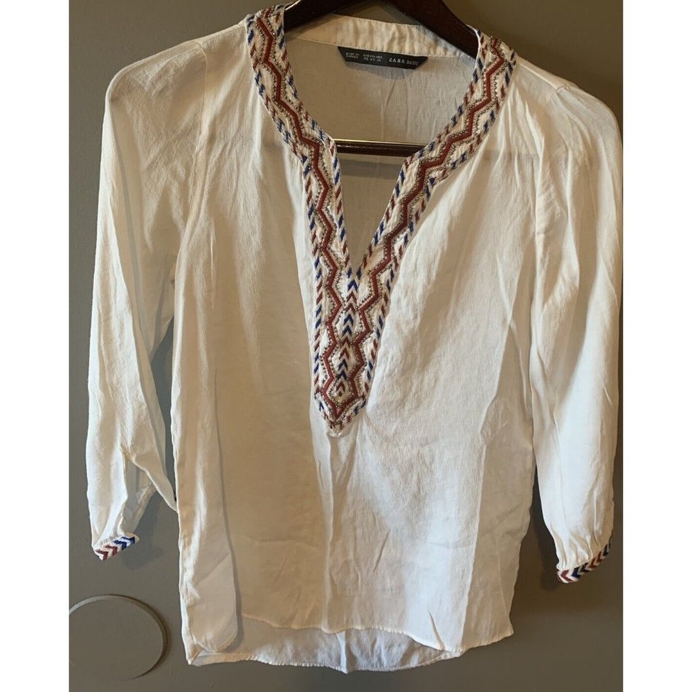 ZARA WOMAN Basic V-Neck Embellished Tunic Top Boho XS